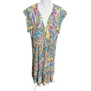 Democracy Colorful dress Midi Ruffled Sleeveless Tropical Flowy Vacation sz L